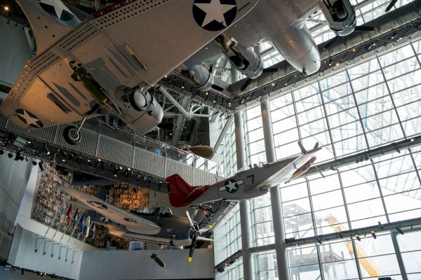 The image shows vintage military aircraft suspended from a museum ceiling with large windows and a display of flags in the background.